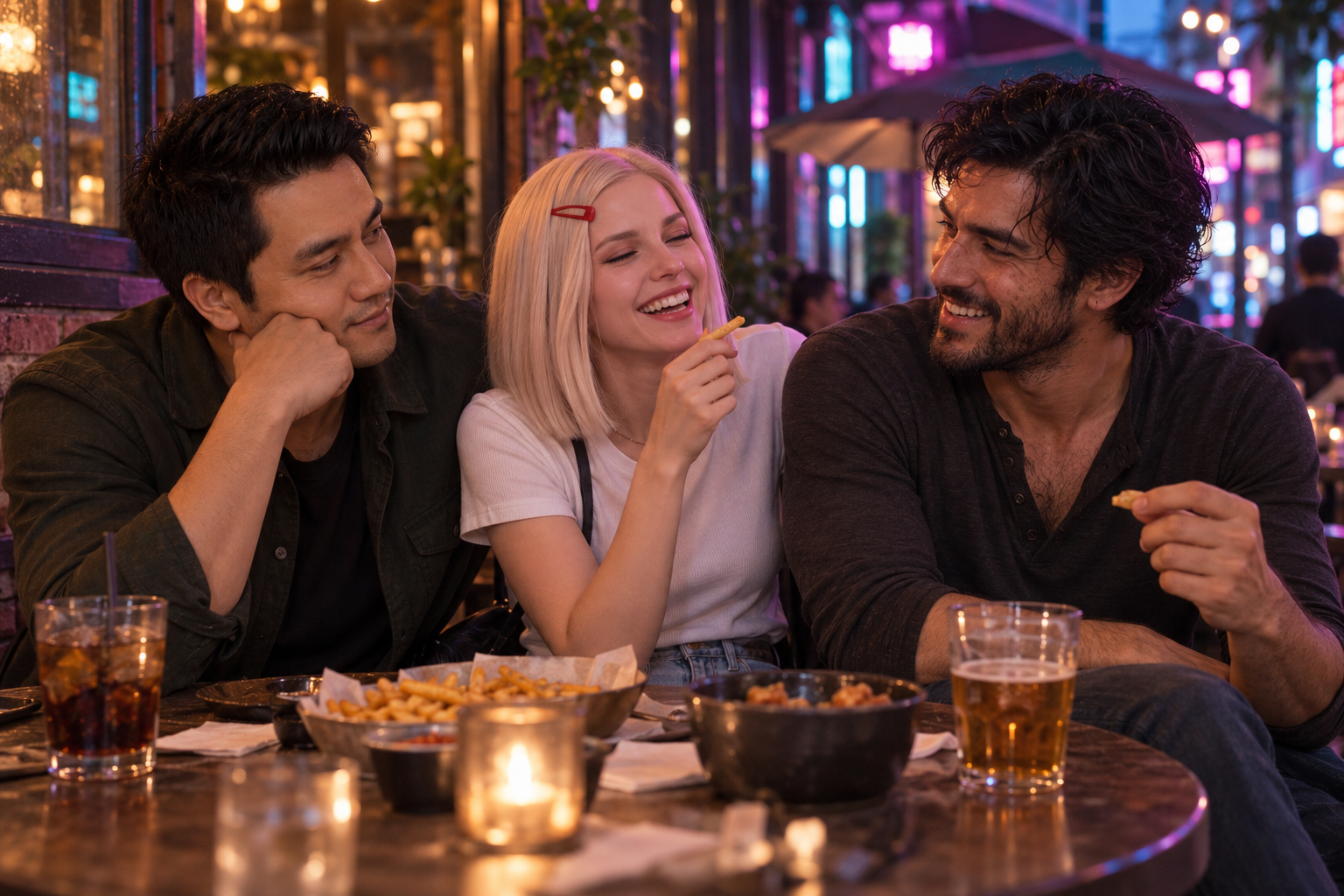 Illustrative generated portrait of Pai, Beau, and Steel laughing together at a casual cafe table.